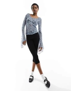 Monki Long Sleeve Trumpet Sleeve Lace Top In Dusty Blue For Women -Monki Shop 206078803 4