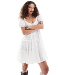 Monki Textured Babydoll Mini Dress With Tiered Hem And Puff Sleeves In White For Women -Monki Shop 206134686 3