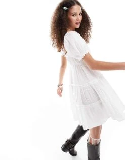 Monki Textured Babydoll Mini Dress With Tiered Hem And Puff Sleeves In White For Women -Monki Shop 206134686 4