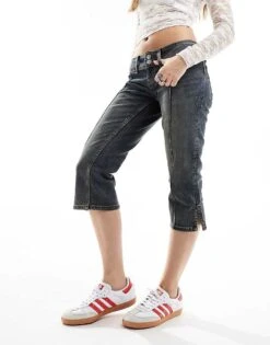 Monki Low Rise Denim Capri Pants In Washed Blue For Women -Monki Shop 206134711 2