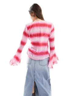 Monki Crinkle Tie Waist Wrap Blouse With Fluted Cuffs In In Pink Ombre Print For Women -Monki Shop 206135019 4