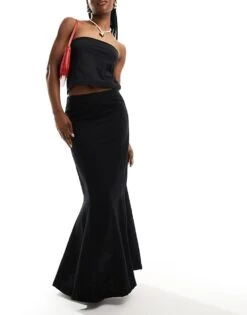 Monki Longline Linen Maxi Tube Mermaid Skirt In Black For Women