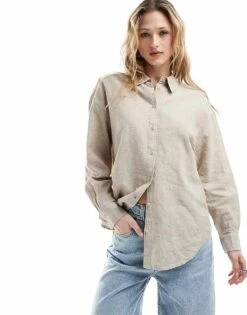 Monki Linen Blend Oversize Shirt In Beige For Women -Monki Shop 206135078 1 beige 1