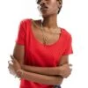 Monki Short Sleeve Scoop Neck Top In Red For Women