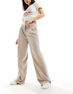 Monki High Waist Wide Leg Tailored Trousers In Beige For Women