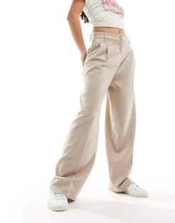 Monki High Waist Wide Leg Tailored Trousers In Beige For Women -Monki Shop 206135375 4