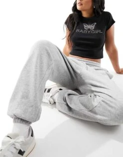 Monki Joggers With Cuffed Hem In Grey Melange For Women -Monki Shop 206135376 4