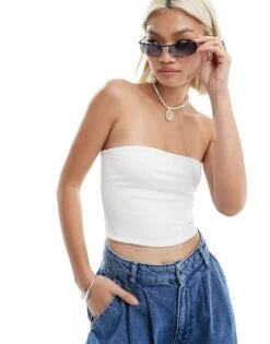 Monki Strapless Top In White For Women
