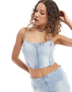 Monki Co-ord Denim Crop Top With Front Zip Up In Mid Blue Wash For Women -Monki Shop 206135519 1 blue 1