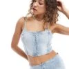Monki Co-ord Denim Crop Top With Front Zip Up In Mid Blue Wash For Women -Monki Shop 206135519 1 blue