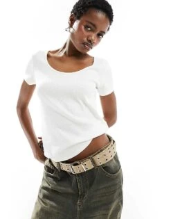 Monki Short Sleeve Scoop Neck Top In White For Women -Monki Shop 206135522 1 white 1