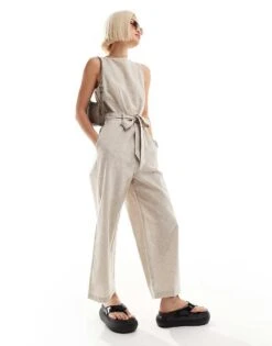Monki Linen Sleeveless Jumpsuit With Tie Belt Detail In Beige For Women -Monki Shop 206135565 1 beige 1