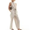 Monki Linen Sleeveless Jumpsuit With Tie Belt Detail In Beige For Women