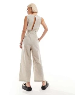 Monki Linen Sleeveless Jumpsuit With Tie Belt Detail In Beige For Women -Monki Shop 206135565 4