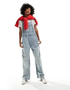 Monki Denim Dungarees With Strawberry Embriodery In Tinted Dirty Wash Blue For Women Light Blue