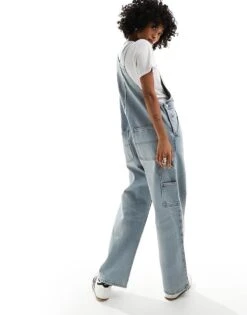 Monki Denim Dungarees With Strawberry Embriodery In Tinted Dirty Wash Blue For Women Light Blue -Monki Shop 206135623 3