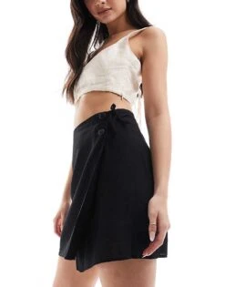 Monki Linen Wrap Tie Detail Mini Skirt In Black For Women