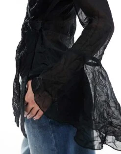 Monki Tie Waist Wrap Blouse With Fluted Cuffs In Black For Women -Monki Shop 206135738 3