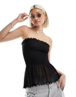 Monki Mesh Strapless Bandeau Tube Top With Peplum Hem In Black For Women -Monki Shop 206135786 1 black 1