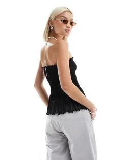 Monki Mesh Strapless Bandeau Tube Top With Peplum Hem In Black For Women -Monki Shop 206135786 2