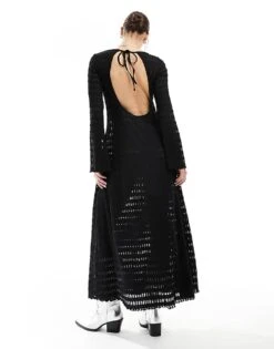 Monki Open Knitted Pointelle Beach Maxi Dress With Long Sleeves And Open Back In Black For Women -Monki Shop 206135816 3