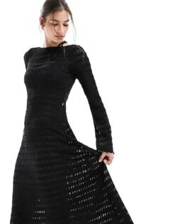 Monki Open Knitted Pointelle Beach Maxi Dress With Long Sleeves And Open Back In Black For Women -Monki Shop 206135816 4