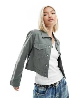 Monki Light Weight Collar Jacket In Khaki For Women