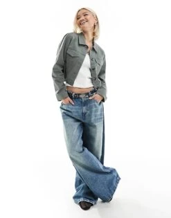 Monki Light Weight Collar Jacket In Khaki For Women -Monki Shop 206135839 4