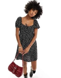 Monki Mini Dress With Puff Sleeves And Ruche Back Detail In Black For Women -Monki Shop 206135885 1 black 1