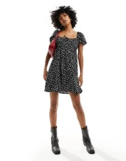 Monki Mini Dress With Puff Sleeves And Ruche Back Detail In Black For Women -Monki Shop 206135885 3