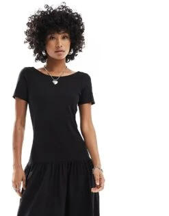Monki Short Sleeve Open Neck Midi Soft Jersey Sun Dress With Pleated Bottom In Black For Women -Monki Shop 206167092 3