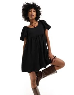 Monki Short Balloon Sleeve Mini Dress In Black For Women -Monki Shop 206167116 1 black 1