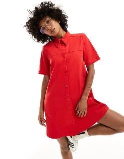 Monki Short Sleeve Button Through Collar Mini Dress In Red For Women -Monki Shop 206167152 1 red 1
