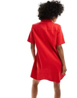 Monki Short Sleeve Button Through Collar Mini Dress In Red For Women -Monki Shop 206167152 3
