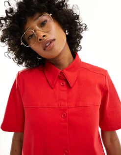 Monki Short Sleeve Button Through Collar Mini Dress In Red For Women -Monki Shop 206167152 4