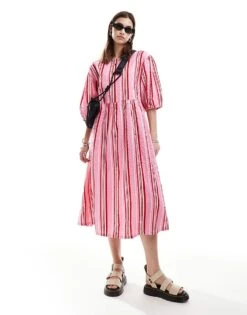 Monki Seersucker Smock Midi Dress In Multi Colour Stripe For Women