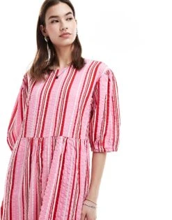 Monki Seersucker Smock Midi Dress In Multi Colour Stripe For Women -Monki Shop 206172065 3