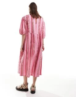 Monki Seersucker Smock Midi Dress In Multi Colour Stripe For Women -Monki Shop 206172065 4