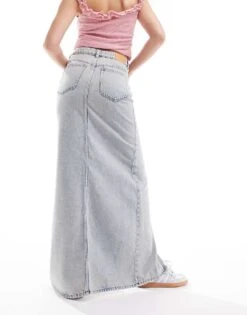 Monki Midaxi Denim Skirt With Front Split In Beige Wash For Women -Monki Shop 206172068 3