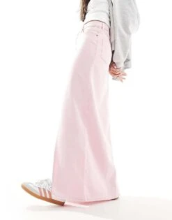 Monki Midaxi Denim Skirt With Front Split In Pink For Women Light Pink -Monki Shop 206172095 4