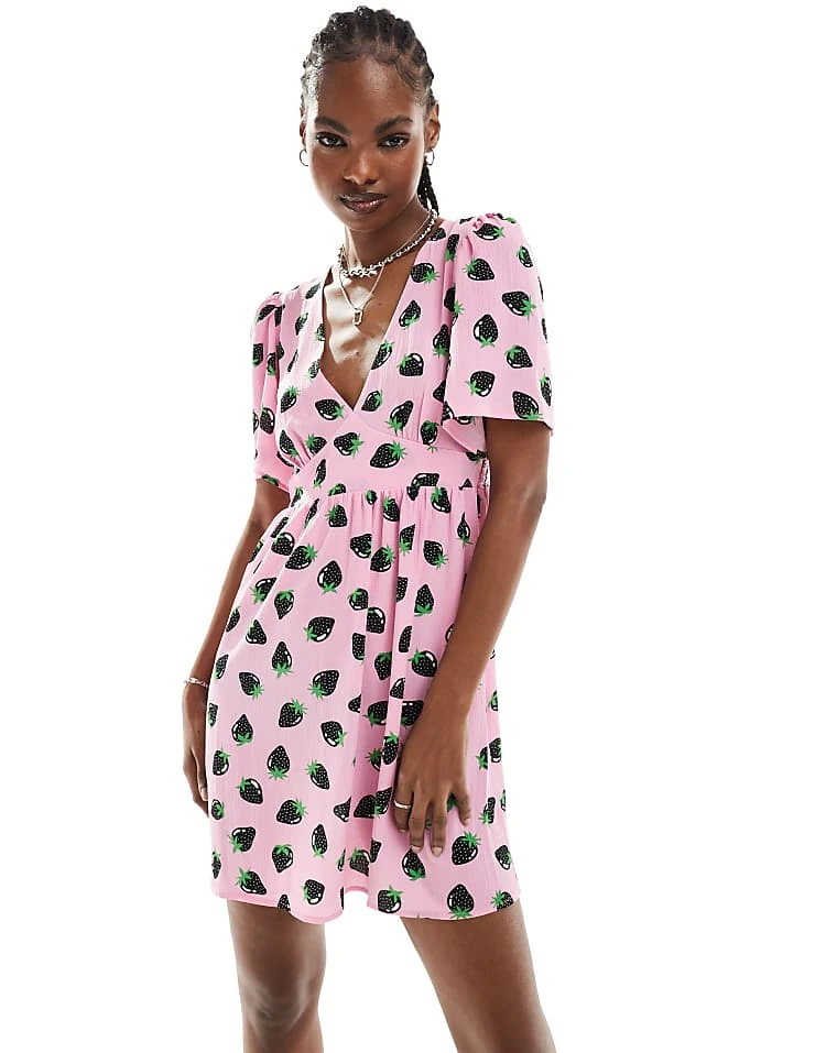 Monki Short Sleeve Mini Sun Dress With V Neck In Pink And Black Strawberry Print For Women 4 Monki Short Sleeve Mini Sun Dress With V Neck In Pink And Black Strawberry Print For Women - Image 2