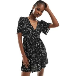 Monki Short Sleeve Mini Dress With V Neck In Black Ditsy For Women Ditsy Print -Monki Shop 206172184 1 ditsyprint 1