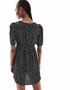 Monki Short Sleeve Mini Dress With V Neck In Black Ditsy For Women Ditsy Print -Monki Shop 206172184 4