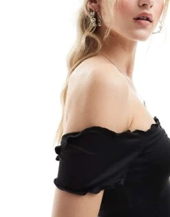 Monki Off Shoulder Top With Lettuce Edge And Ruched Sweetheart Front In Black For Women -Monki Shop 206173481 2