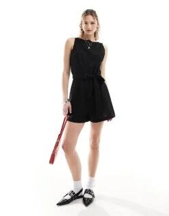Monki Beach Linen Sleeveless Playsuit With Tie Belt Detail In Black For Women -Monki Shop 206173498 1 black 1