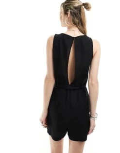 Monki Beach Linen Sleeveless Playsuit With Tie Belt Detail In Black For Women -Monki Shop 206173498 3