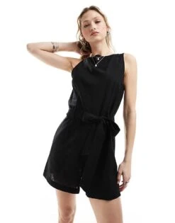 Monki Beach Linen Sleeveless Playsuit With Tie Belt Detail In Black For Women -Monki Shop 206173498 4
