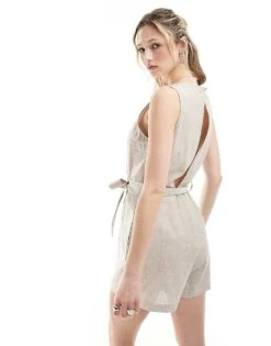 Monki Beach Linen Sleeveless Playsuit With Tie Belt Detail In Beige For Women -Monki Shop 206173499 4