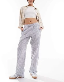 Monki Linen Drawstring Waist Trousers In White And Navy Stripes For Women -Monki Shop 206173517 1 stripe 1