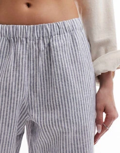 Monki Linen Drawstring Waist Trousers In White And Navy Stripes For Women -Monki Shop 206173517 3